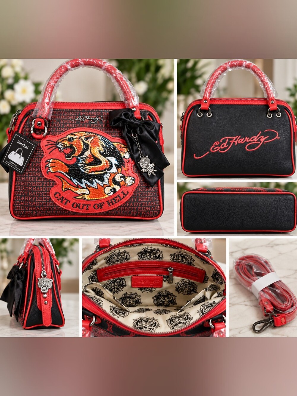 Ed Hardy Red & Black 'Cat Out of Hell' Embellished Satchel
